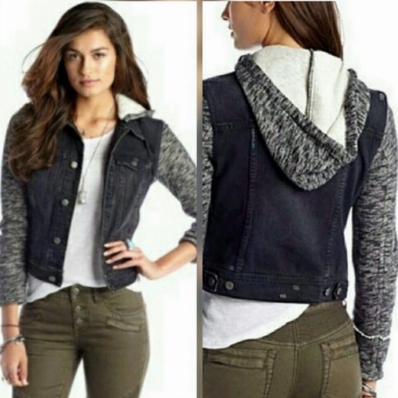 Free People Denim Jacket with Gray Sleeves and Hood - Picture 2 of 7